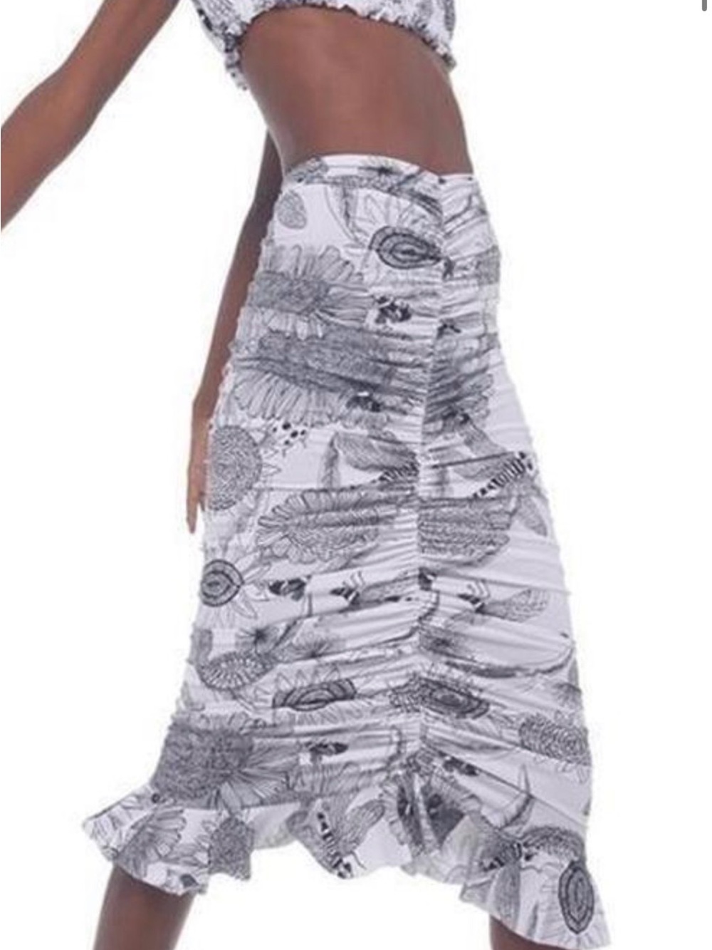 Norma Kamali Black and White Floral Ruched Midi Skirt
